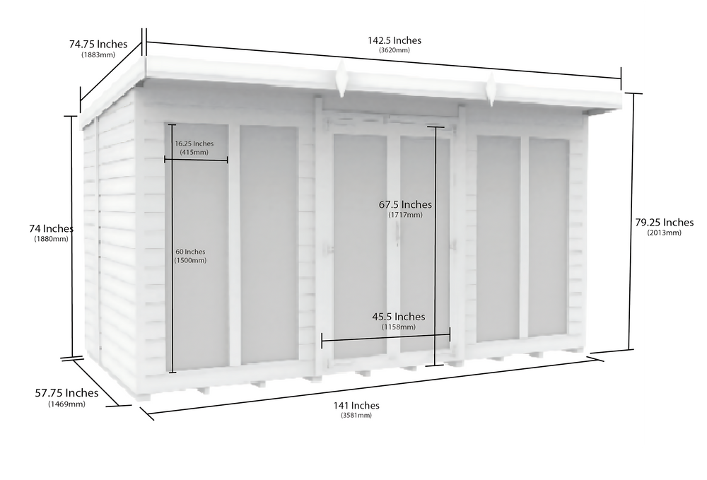 5ft x 12ft Pent Summer House (Full Height Window)