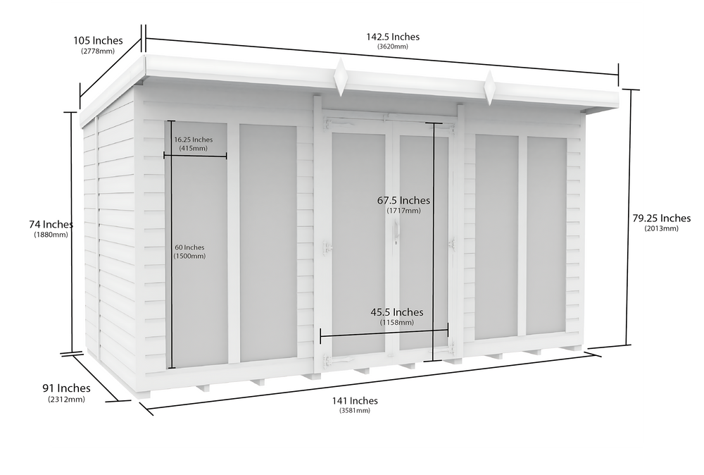 8ft x 12ft Pent Summer House (Full Height Window)