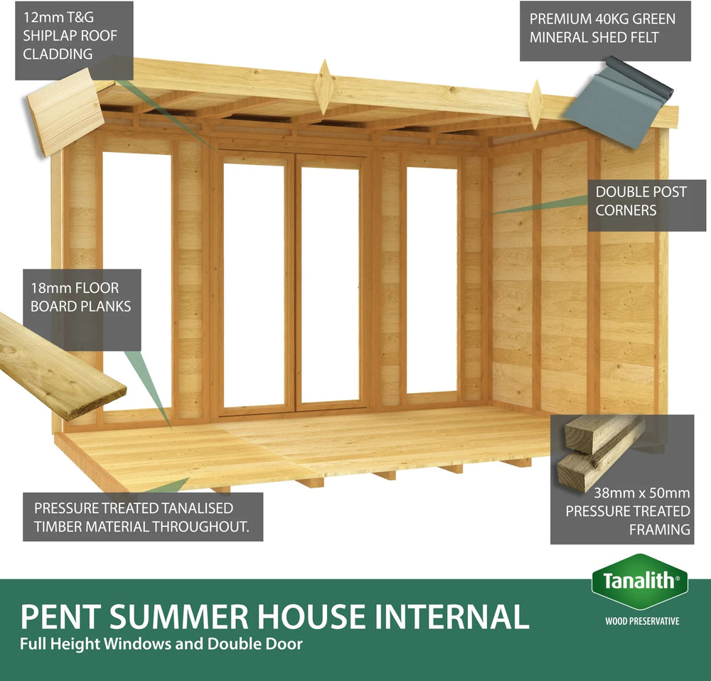 8ft x 12ft Pent Summer House (Full Height Window)